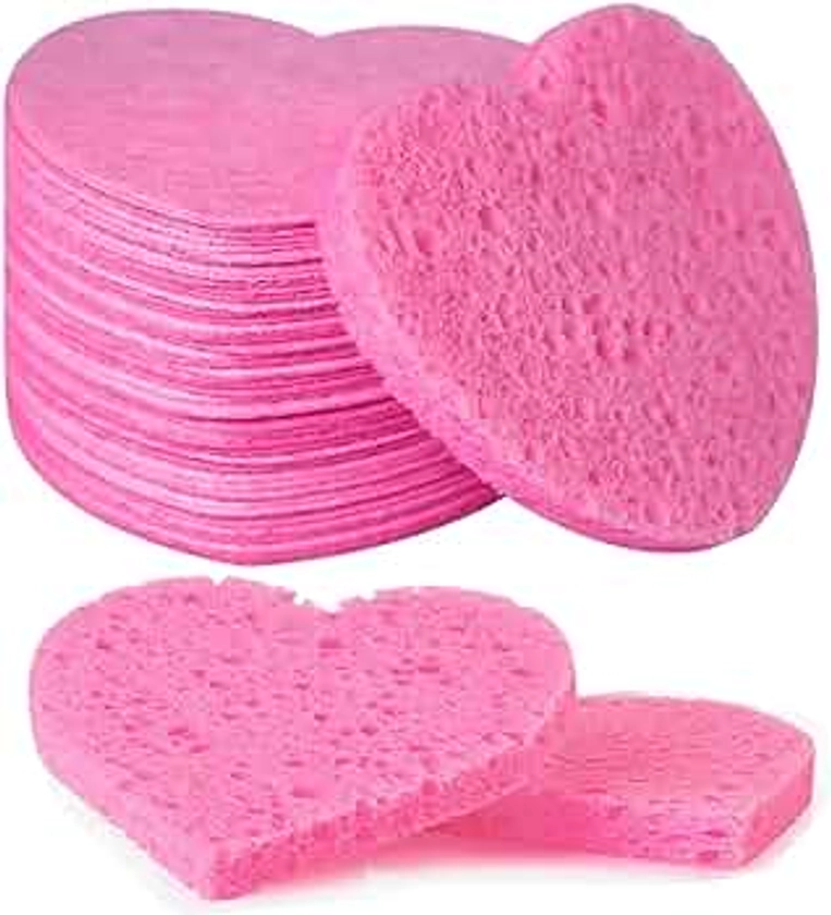 50-Count Facial Sponges Compressed Natural Cellulose Sponge Spunspon Heart Shape Face Sponge for Face Cleansing Exfoliating and Makeup Removal, Pink