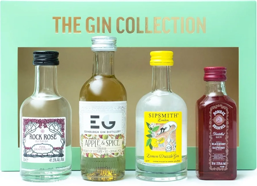 Gin Gift Set - Flavoured Alcohol Miniatures, Edinburgh Gin Apple & Spice, Rock Rose Pink Gin, Sipsmith Lemon Gin, Bombay Bramble Blackberry & Raspberry 4x 5cl, Birthday Gin Gifts for Women and Men