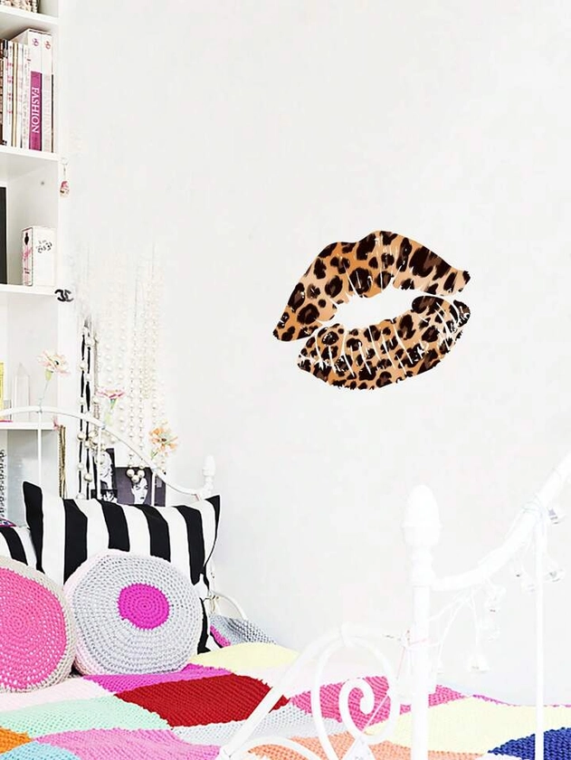 1pc Leopard Print Lips Wall Sticker, Brown, Sexy Bedroom Decor, Self-adhesive Pvc Wall Decal, Waterproof, Removable, Aesthetic Strong Sticker For Girls' Bedroom, Dormitory, Bathroom