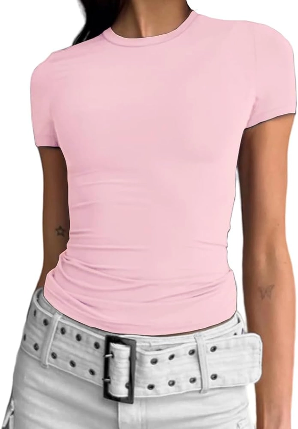 Abardsion Women's Casual Basic Going Out Crop Tops Slim Fit Short Sleeve Crew Neck Tight T Shirts (Light Pink, S) at Amazon Women’s Clothing store