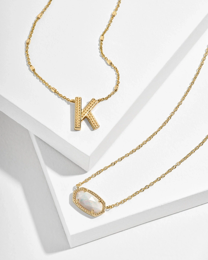 Elisa and Letter Pendant Necklace Set in Gold