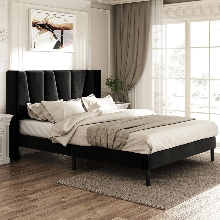 Sismplly Queen Size Bed Frame with Velvet Geometric Headboard and Wingback, Modern Upholstered Platform Bed, Mattress Foundation, Easy Assembly, No Box Spring Needed, Black