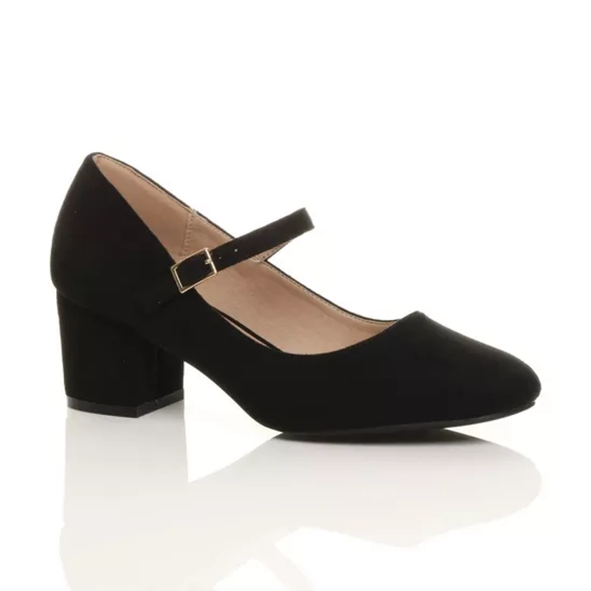Heels | Mid Block Heel Mary Jane Faux Suede Court Shoes | AJVANI