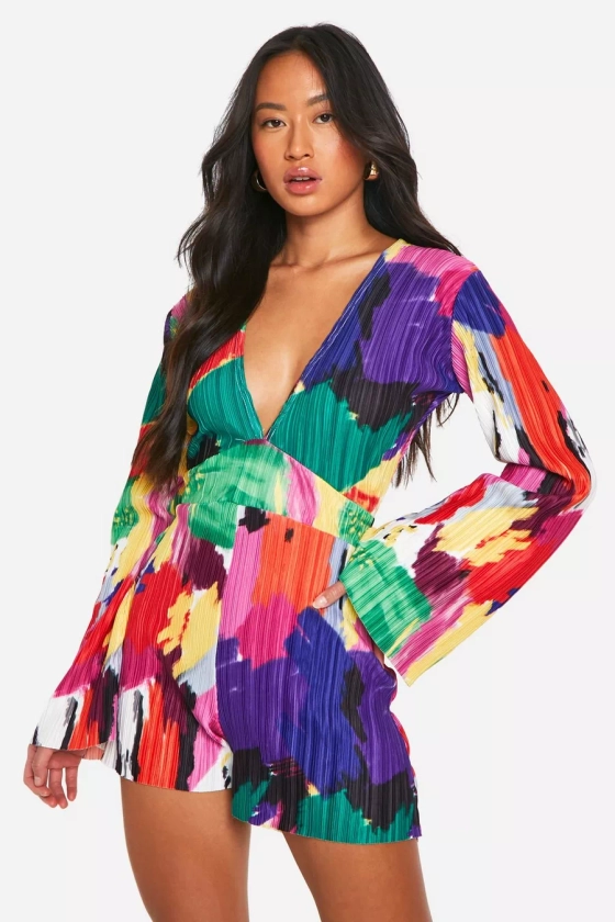 Abstract Plisse Flare Sleeve Playsuit 
