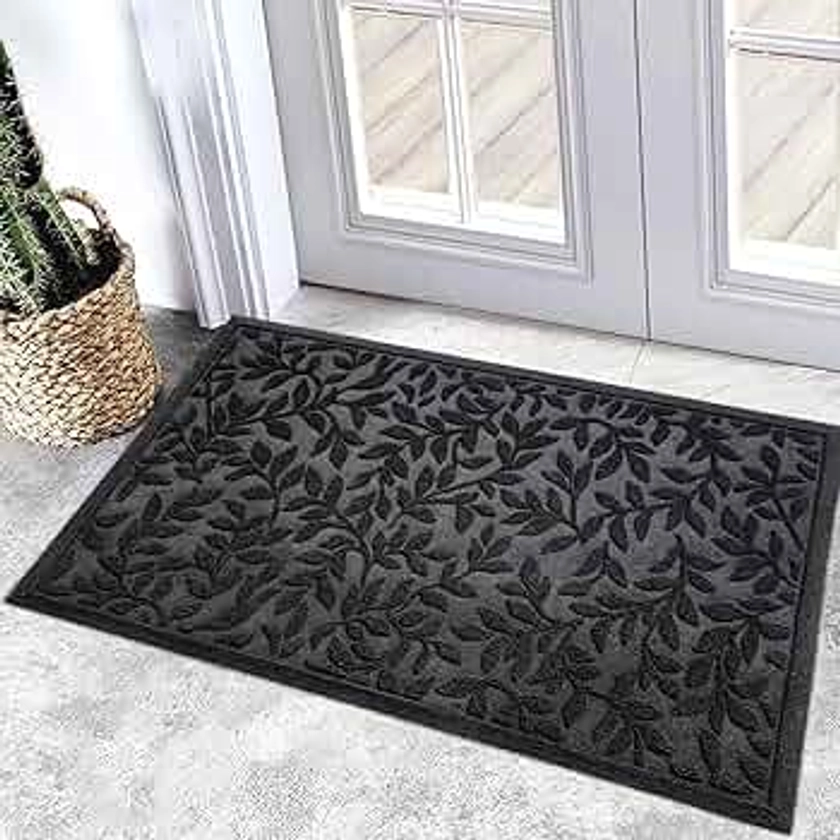 Bulijojo Outdoor Indoor Entrance Doormats,Durable Heavy Duty Welcome Mat,Thick Absorbent Natural Rubber Non Slip Mat,Easy Clean Entryway Rug Leaves Black 23"x35"