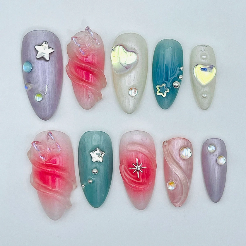 Handmade Cute 3D Kawaii Press on Nails - Pretty Pink & Blue Custom Fingernails - Hand-painted Reusable Gel Acrylic Fake - Glue on Nails