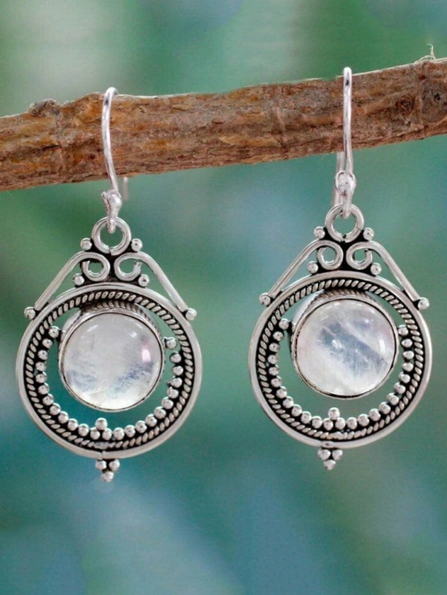 1pair Vintage Style Moonstone Earrings, European & American Fashionable Thai Silver Rainbow Gemstone Dangle Hook Ear Jewelry