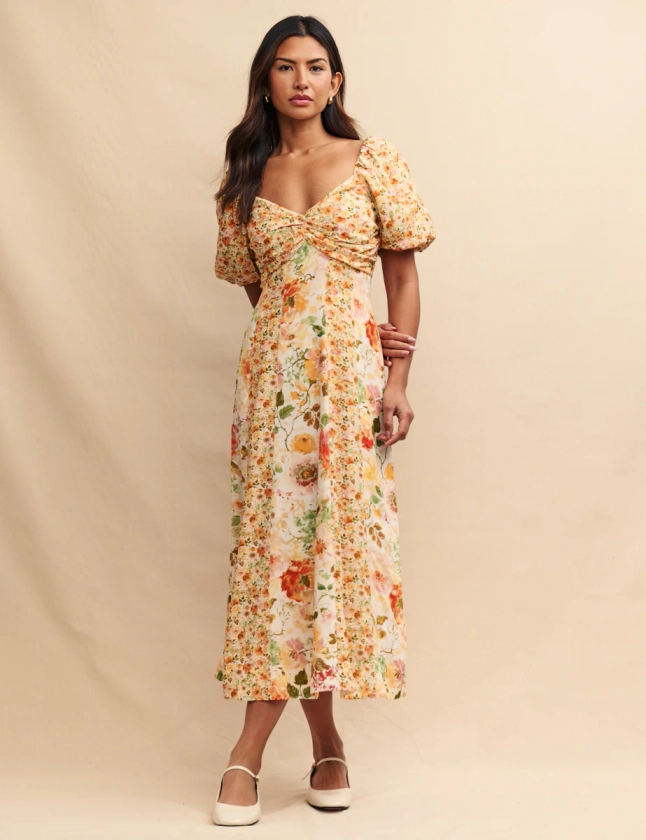 Yellow Floral Peony Midaxi Dress