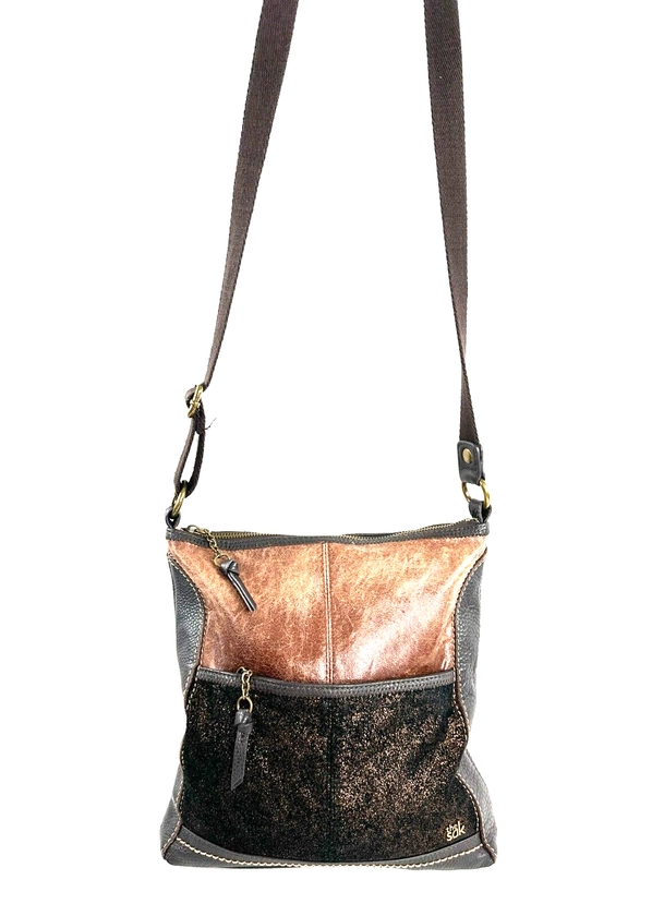 The Sak Brown Leather Small Crossbody Shoulder Bag Purse Bronze Metallic Suede
