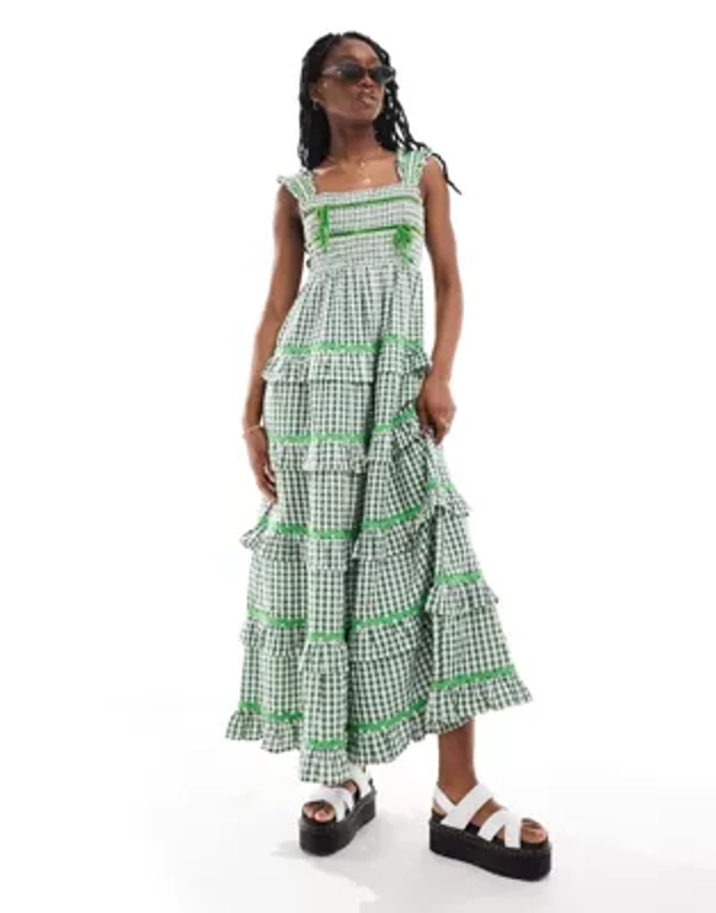 Neon Rose gingham ruffle tiered midaxi dress in forest green
