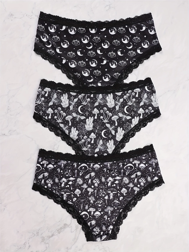 3pcs Women's Sexy Panties Set, Plus Size Mushroom & Eyeball & Moon Pattern Low * Bikini Panties for Music Festival