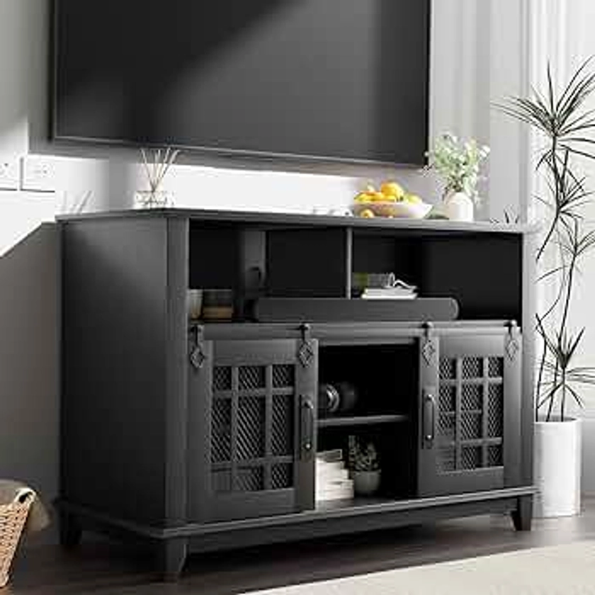 EvaStar Farmhouse TV Stand for 55 Inches Sideboard Buffet Cabinet with Storage, Entertainment Center with Sliding Barn Door, Power Outlet and Adjustable Shelves for Living Room,Kitchen, Black