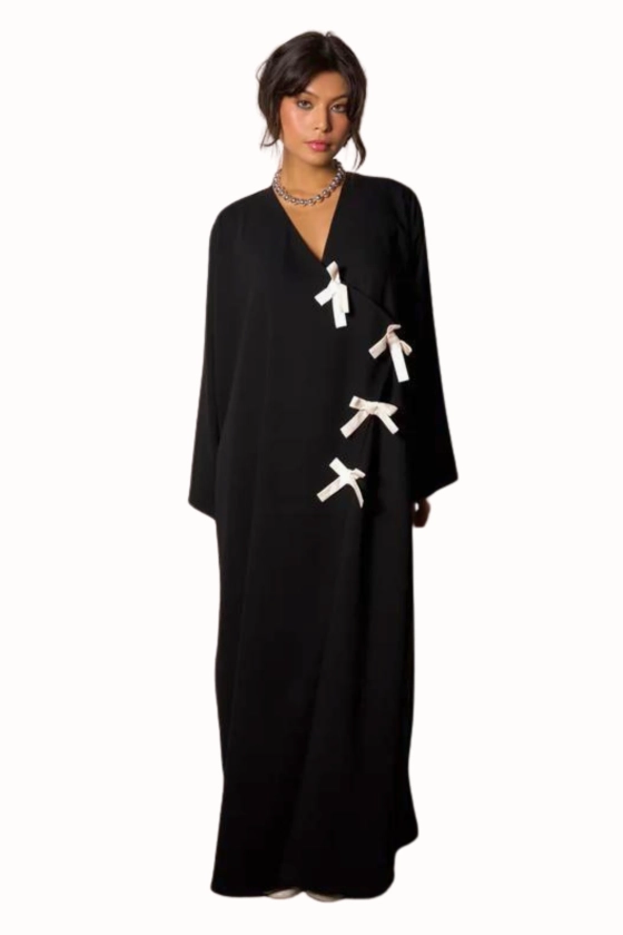 Black Crepe Abaya | Overlap Abaya with White Ribbon
