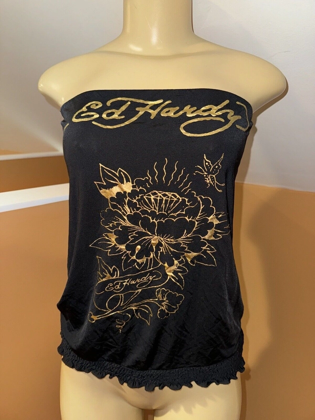 Authentic Ed Hardy Intimate Gold Trim Black Tube Top Camisole Soft Silky NWT XS