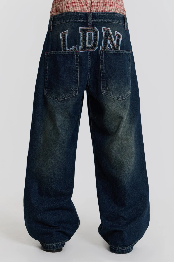 Sonic Embroidered Baggy Jeans In Indigo Jaded London