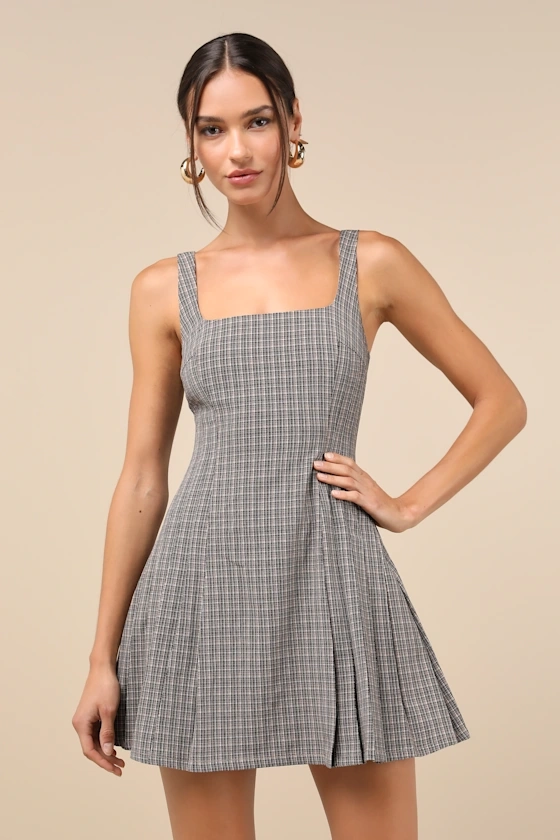 Charming Dynamic Brown Plaid Sleeveless Pleated Mini Dress