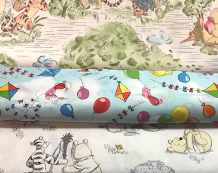 Winnie the Pooh Print Fabric By the Yard FBTY Fat quarters FQ Half 100% Cotton LICENSED Winnie-the-Pooh Vintage Piglet Butterfly #751