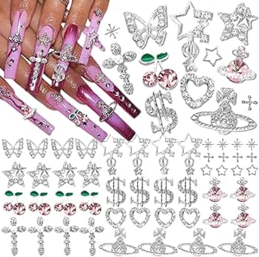 52 PCS Nail Charms and Gems Y2K Butterfly Star Nail Charms Silver Heart Cross Money Charms for Acrylic Nails Design Cherry Nail Gems Jewels for Nail Art Supplies