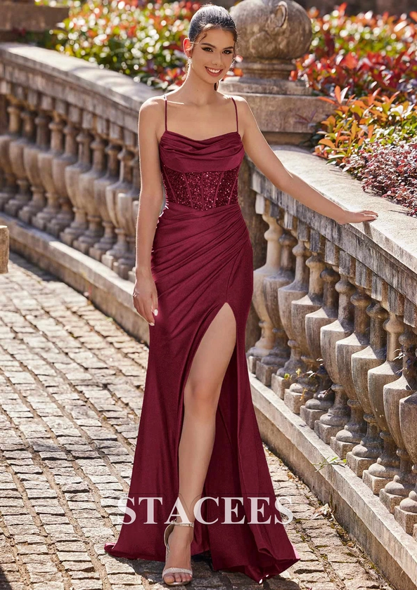 Trumpet/Mermaid Jersey Prom Dress Cowl Neck Sweep Train with Pleated Sequins Split S7525P - Prom Dresses - Stacees.co.uk 