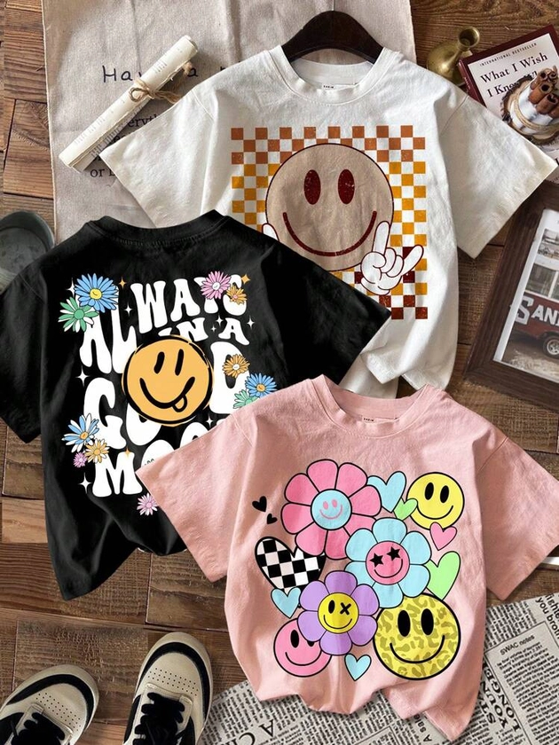 SHEIN Young Girl 3pcs/Set Casual Graphic Tee, Featuring Vintage Smiling Face, Letters, Floral, Heart, And Leopard Prints In White, Black And Pink, Suitable For Summer And Autumn Seasons, Loose Fit Crew Neck, Cute T-Shirt