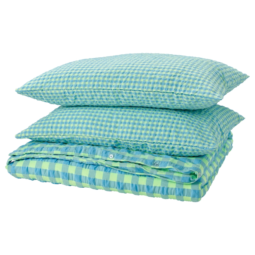 RÅGBLOMMA duvet cover and pillowcase(s), light green/light blue, King - IKEA CA