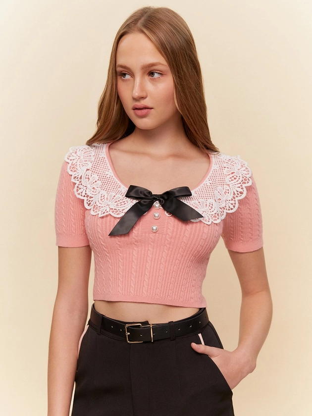 Knitted Lace Detail Blouse - Pink - Pomelo Fashion