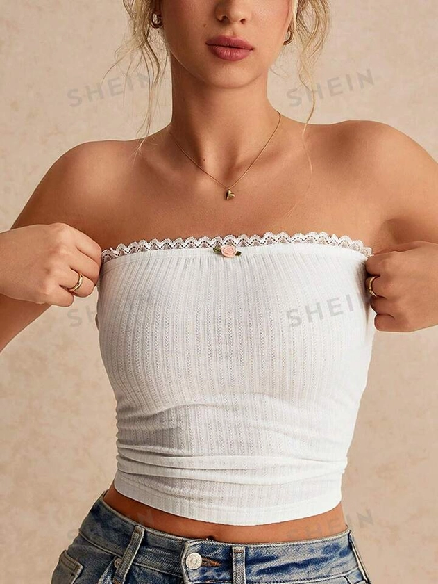 SHEIN Frenchy Women's Fashion Solid Color Lace Tube Top, Floral Trim, Clashing Lace Trimmed Top, Short Women's Tops, Floral Blouse, Summer Blouse, White Blouse, Cute Summer Shirt, Bandeau Top, Women's Tank Tops | SHEIN USA
