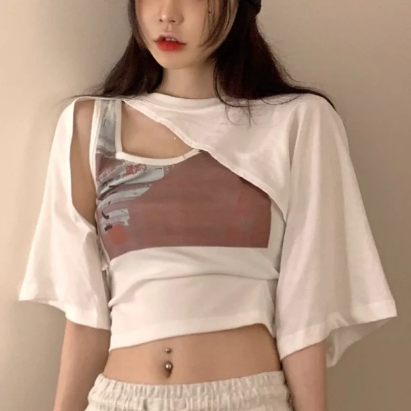 Y2k – chemisier à manches courtes pour femme, haut court, élégant, Style coréen, ensemble de 2 pièces, nouvelle Collection automne 2021
