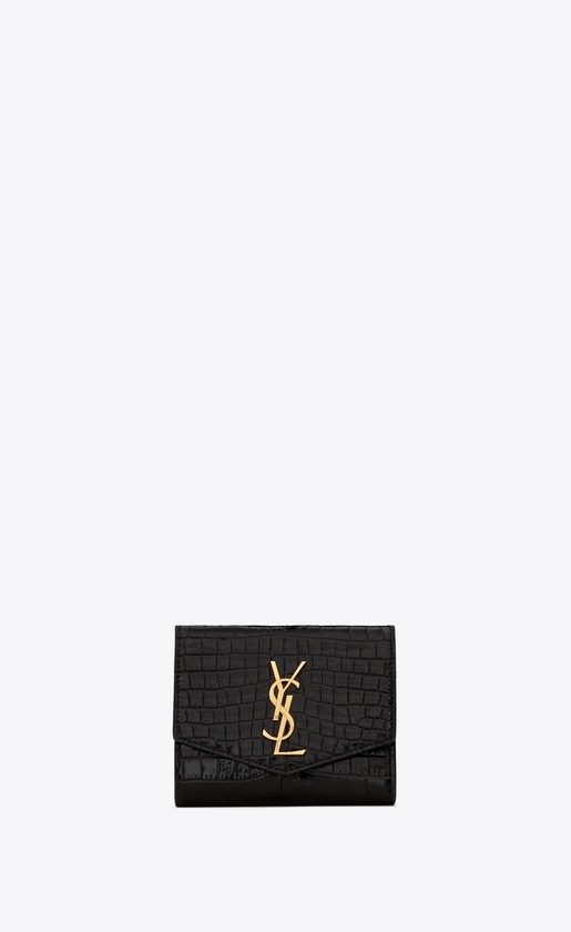 uptown compact wallet in crocodile-embossed shiny leather