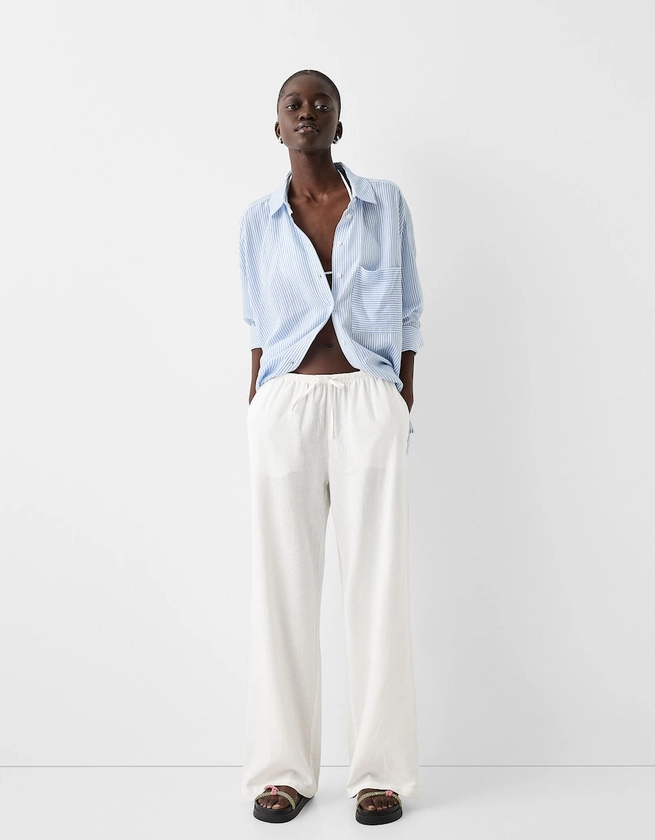 Pantalon straight lin mélangé taille élastique - Femme