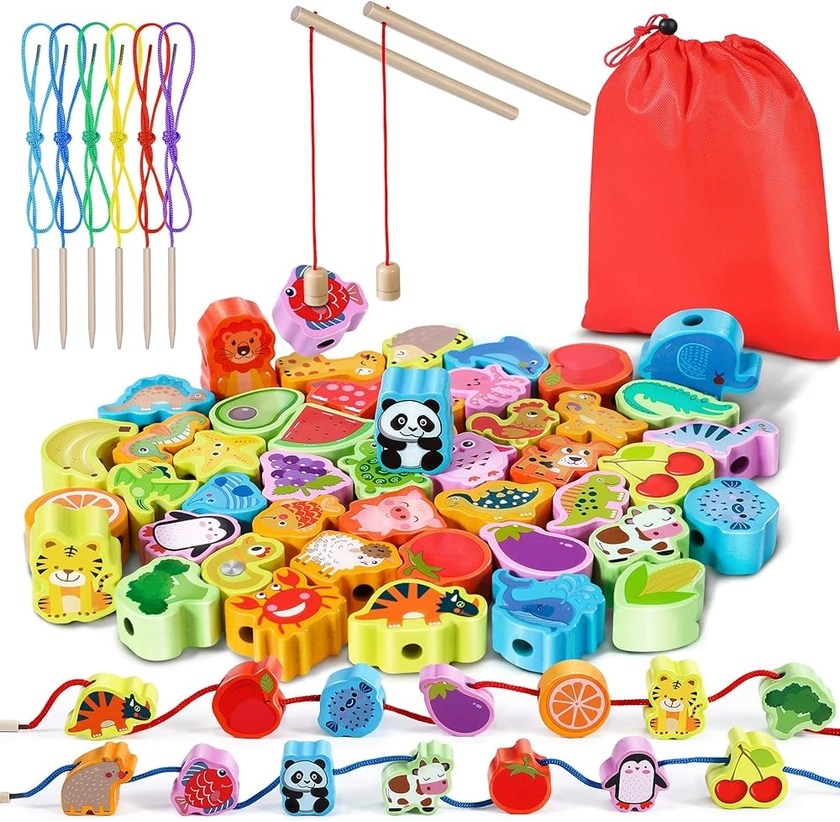 Jojoin 46 PCS Wooden Threading Toys - 2 in 1 Magnetic Fishing Montessori Toys for 2 3 Year Old Boys Girls | Animals Fruits Stringing Toys Gifts - Educational Toddler Preschool Activities Beaded Toys