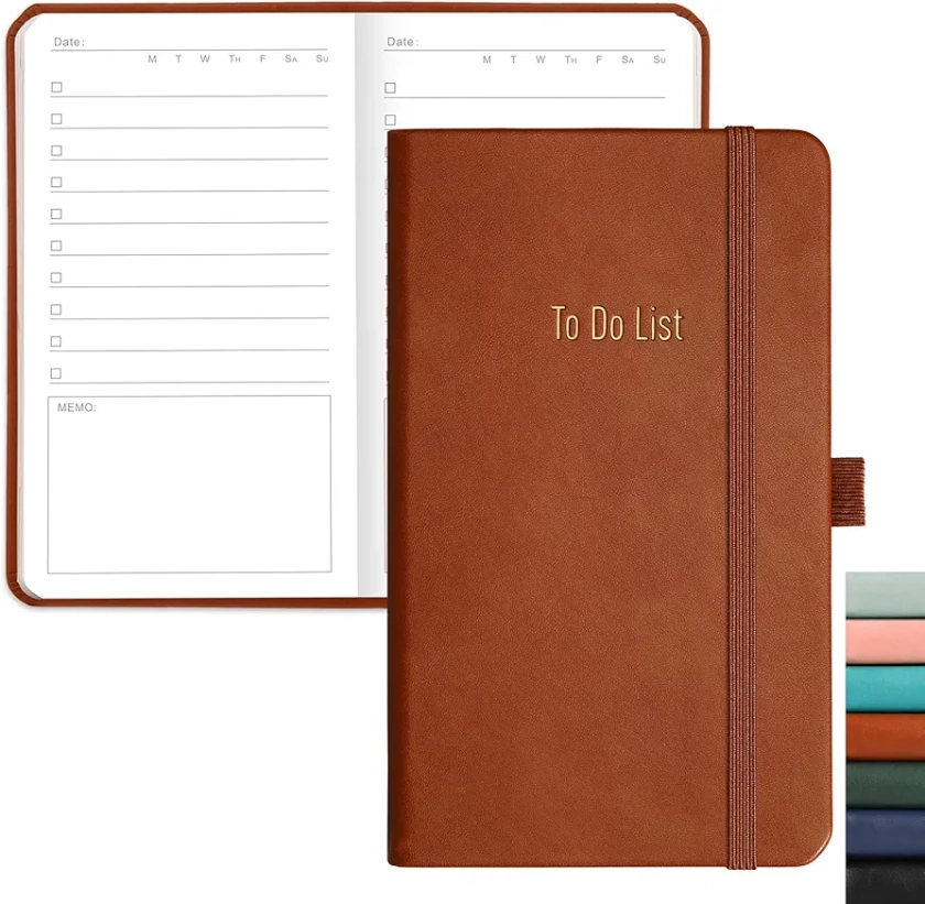 RETTACY To Do List Notebook - Pocket To Do List Planner NotePad with 192 Pages, Pen Holder, Back Pocket, for Women Men Work Office Travel 9.4 x 16.8cm - Brown