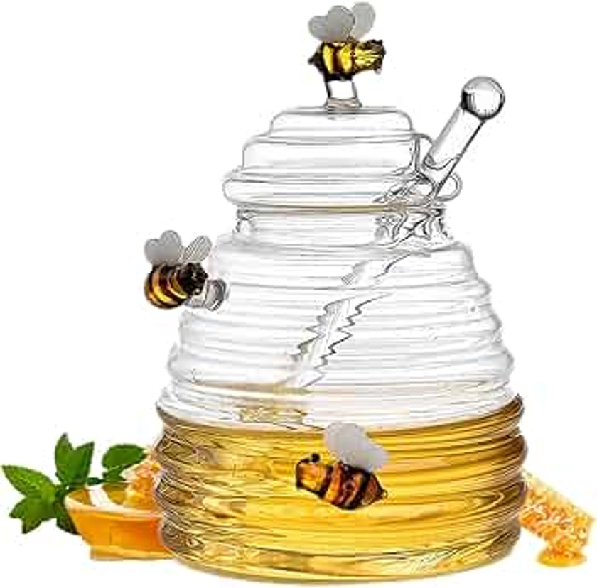 Honey Pot With Dipper And Lid | Household Honey Pot | Glass Honey Jar With Spoon | Honey Bee Pot | Glass Honey Container Jars For Storage Honey | Clear And Transparent Honey Pot With Lid