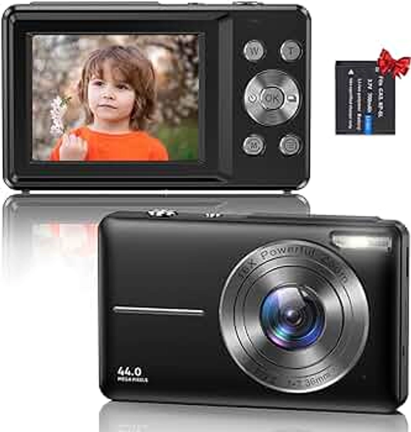 Appareil Photo Numérique Compact - 1080P HD 44MP Caméra, 2,4" LCD Rechargeables Appareil Photo Enfant avec 16X Digital Zoom pour Enfant, Adolescent, Étudiant, Adulte, Débutant (Noir)