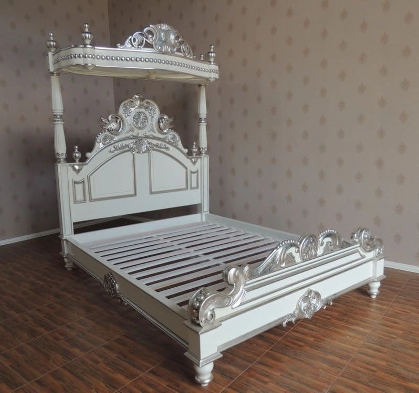 Four Poster Half Tester Bed in White and Silver
