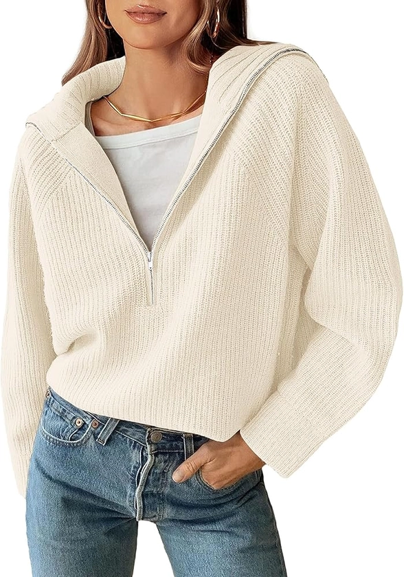 BTFBM Women’s Casual Long Sleeve Half Zip Pullover Sweaters Solid V Neck Collar Ribbed Knitted Loose Slouchy Jumper Tops