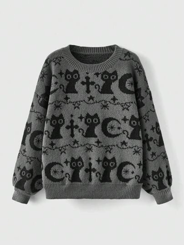 Goth Plus Size Sweater With Cat And Cross Design Round Neck