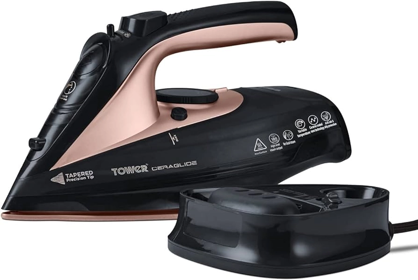 Tower T22008RG CeraGlide Cordless Steam Iron with Ceramic Soleplate and Variable Steam Function, Black and Rose Gold