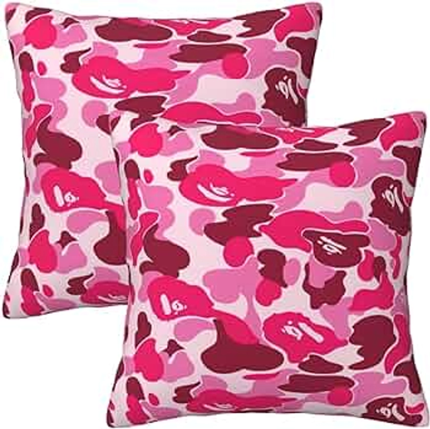Pink Camo Throw Pillow Cover Cute Monkey Square Pillowcase Set of 2 Breathable Cotton Linen Pillowcase Double Sided Printing Classic Decor Cushion Case Decorative for Sofa Bed Car 18" x 18"
