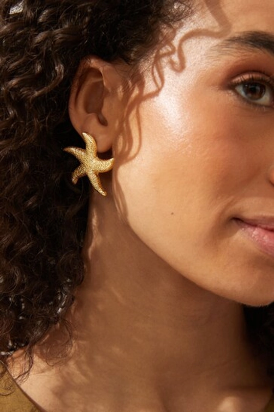 Gold Tone Starfish Statement Stud Earrings Made with Recycled Zinc