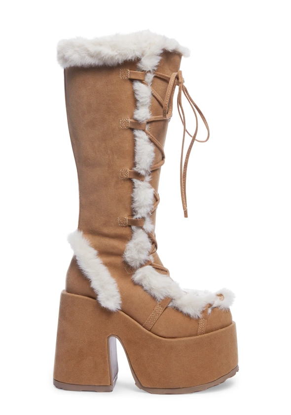 Demonia Camel-311 Faux Fur Knee High Platform Boots - Brown