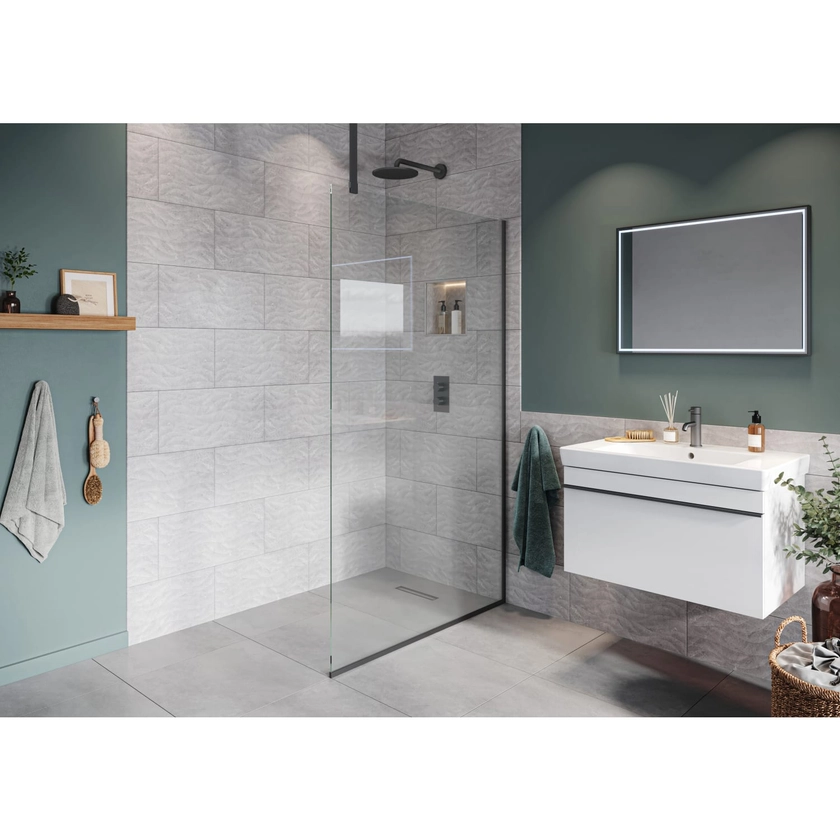 Hadleigh 8mm Matt Anthracite Frameless Wetroom Screen with Ceiling Arm - 1100mm | Wickes.co.uk