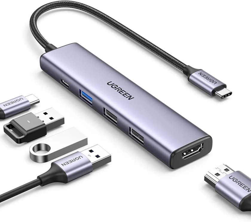 UGREEN Revodok USB C Hub, 5-in-1 USB C Multiport Adapter with 100W PD, 4K HDMI, 3 USB-A Data Ports, Aluminum USB Type C Hub for M1/M2 MacBook Air, iPhone 15 Pro/Pro Max, Galaxy, Surface Go, XPS, iPad