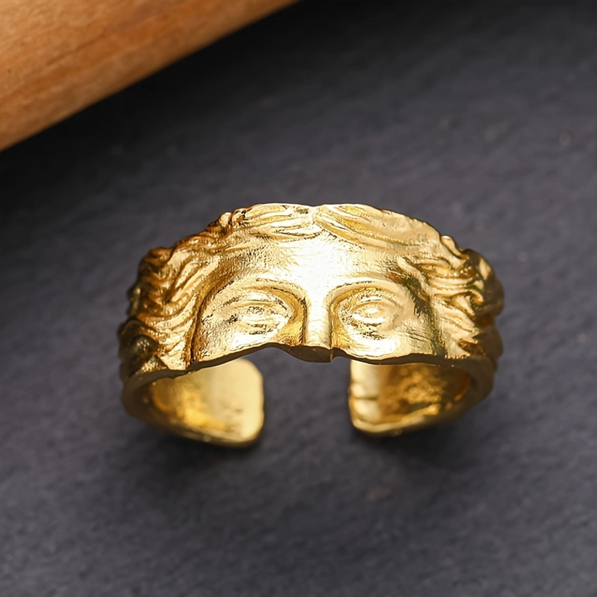 1pc Vintage Fashion Design Ring, Golden Half Face Open Ring Jewelry, Trendy Finger Ring Gift For Men