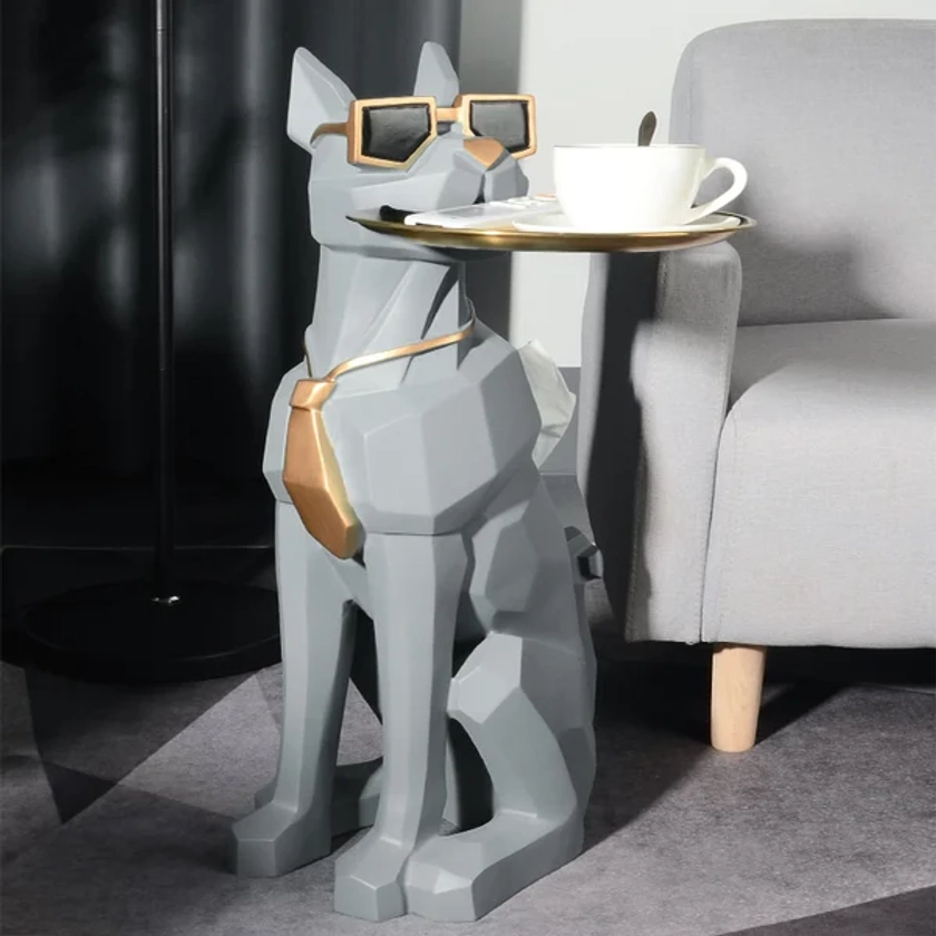Modern Gray Sculpture Side Table with Tray Shelves Cute Grayhound End Table in Resin