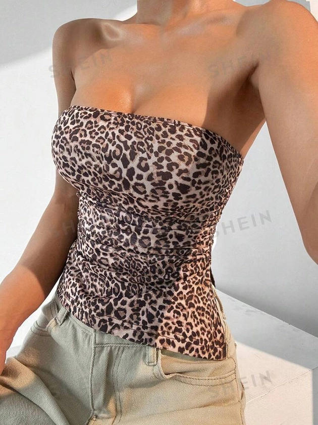 SHEIN EZwear Women Strapless Backless Leopard Print Pleated Fitted Charming Blouse | SHEIN USA