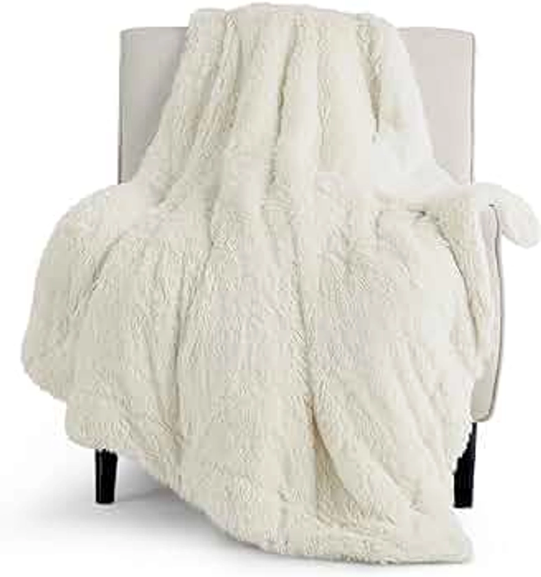 Bedsure Faux Fur Cream Throw Blanket – Fuzzy, Fluffy, and Shaggy Cream Blankets, Soft and Thick Sherpa, Cozy Warm Decorative Gift, Throw Blankets for Couch, Sofa, Bed, 50x60 Inches, 640 GSM