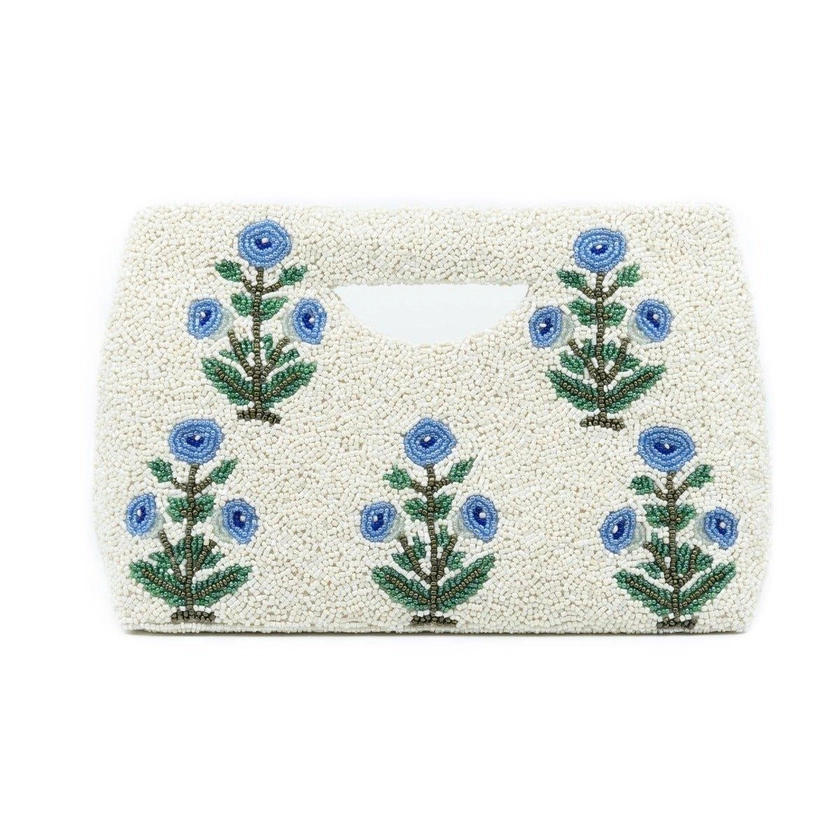 White & Blue Beaded Floral Motif Handbag With Gusset