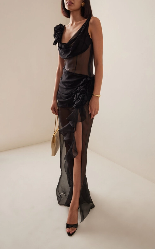 Rosette-Detailed Draped Silk Organza Maxi Dress