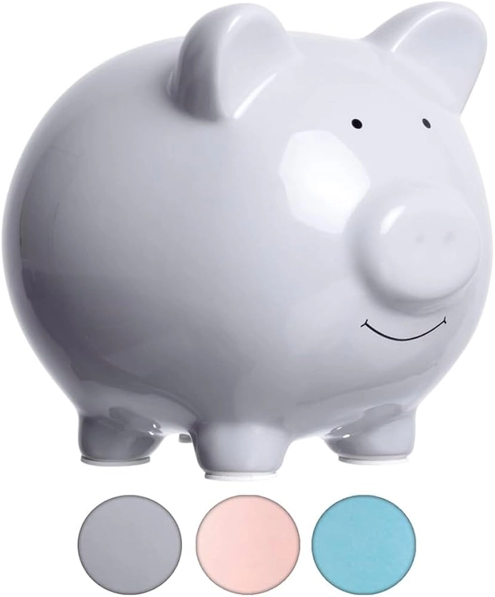 Pearhead Large Ceramic Piggy Bank, Ideal for Boys and Girls, Kids Money and Coin Bank, Perfect Baby Boy Nursery Décor, Great Gift and Newborn Keepsake, Solid Gray